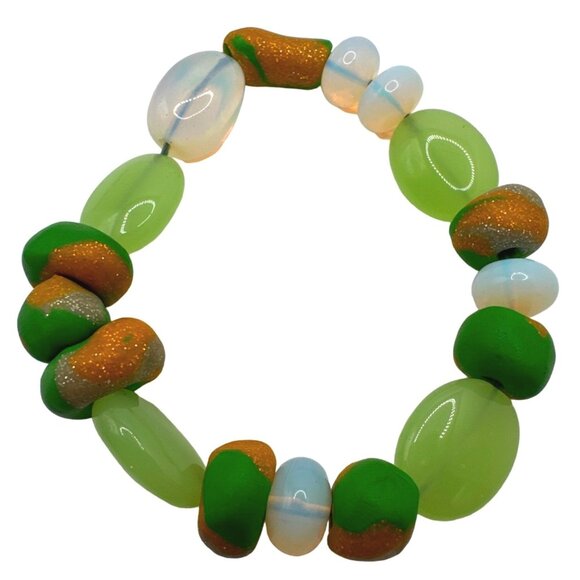 Chunky Boho Green Bead Bracelet Handmade Stretch Glass Wood Granny Fash Beachy - Picture 5 of 5